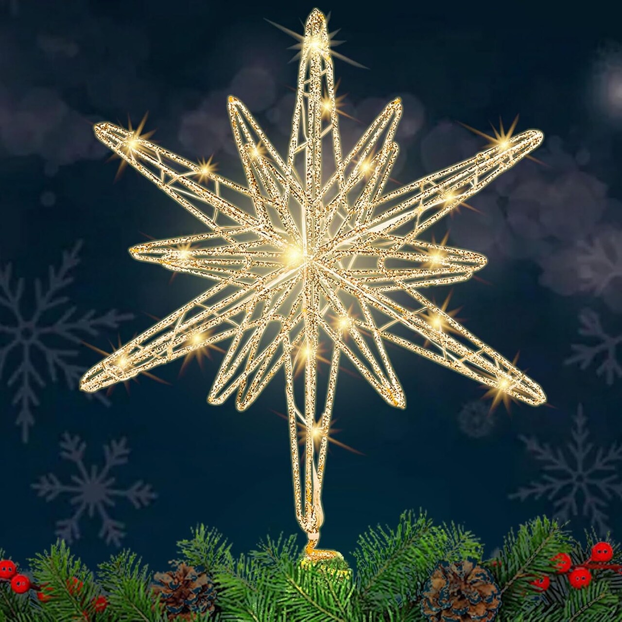 Christmas Tree Star Decorations, 13inches Metal Hollow Design, 20 LED Lights,Sparkling Tree Toppers Christmas Decorations Light up Your Christmas, Star Tree Topper Decorations for Home Holiday Party
